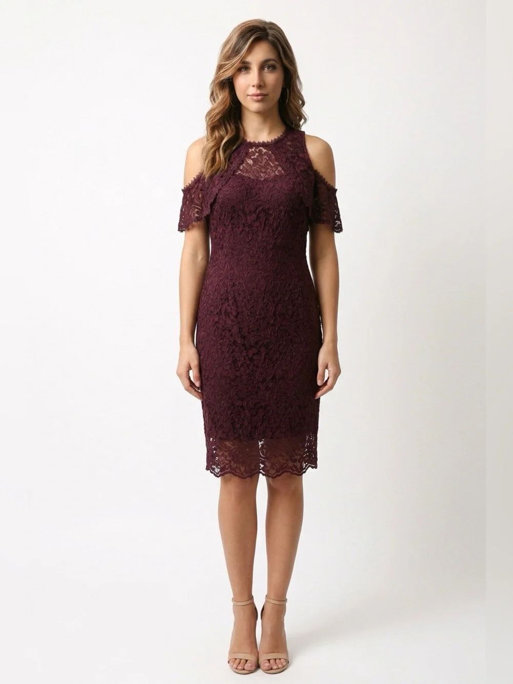 White House Black Market Burgundy Cold-Shoulder Lace Midi Dress